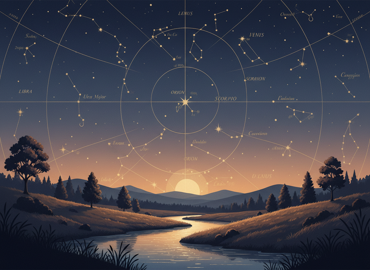 Carte céleste sur fond crépusculaire marine et or — Vénus en zone d'ombre, astrologie stratégique Astralience